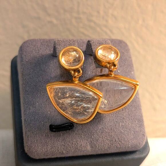 Gold-Plated Rutilated Quartz Geometric Dangle Post Earrings - Picture 1 of 8